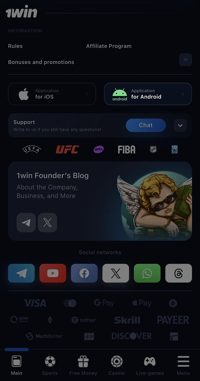 Select the Android icon to install the 1Win app.