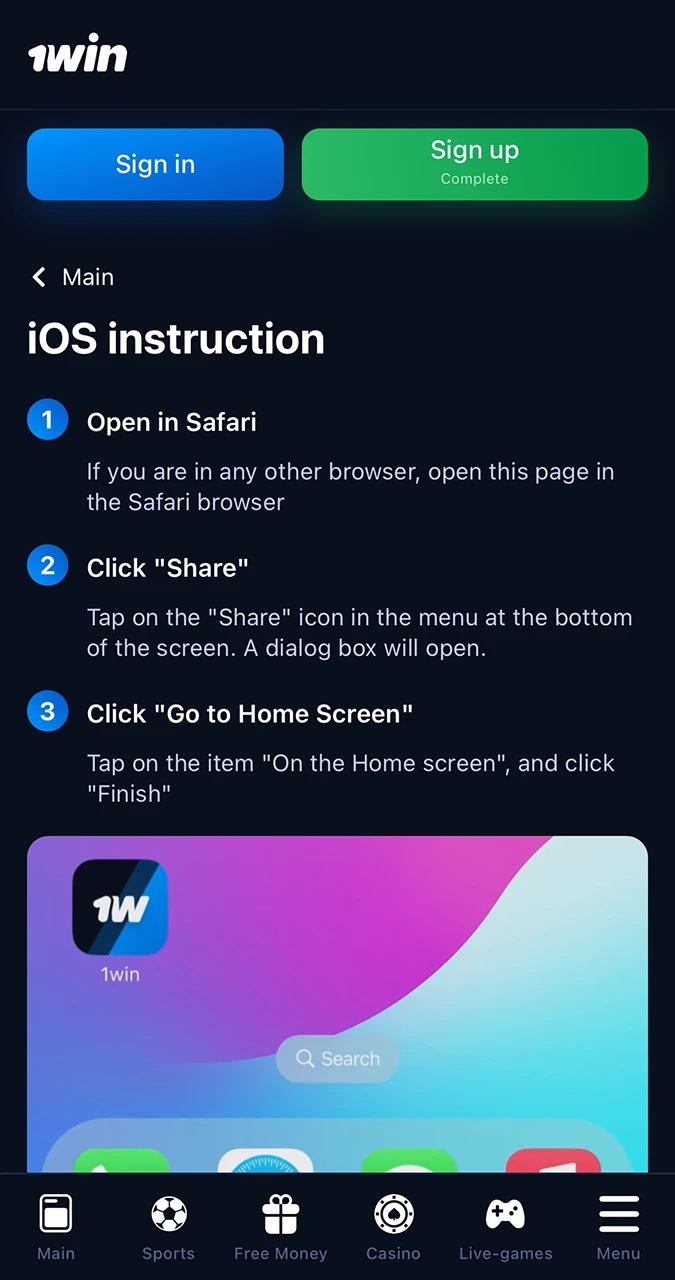 Proceed to install the 1Win app on your iOS device.