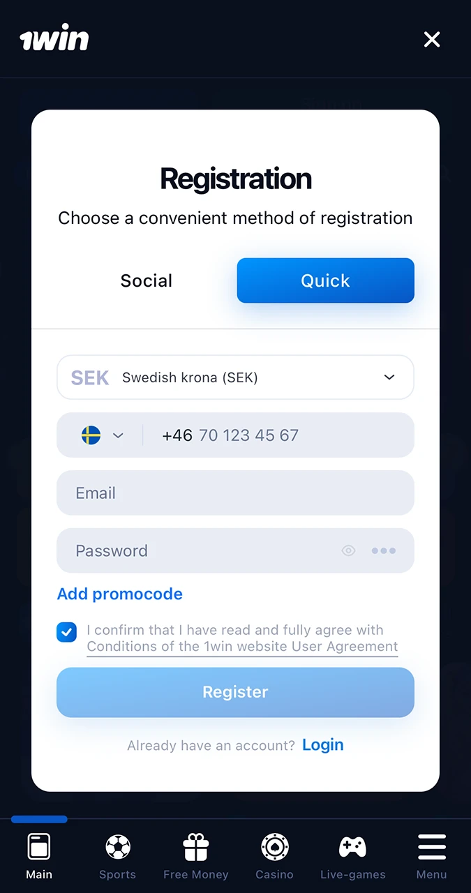 1Win casino registration form.