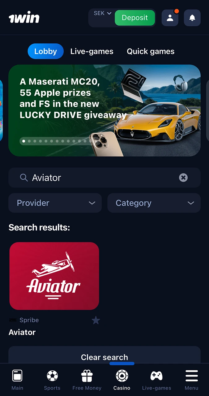 Use the search to quickly jump to the Aviator game from 1Win Casino.