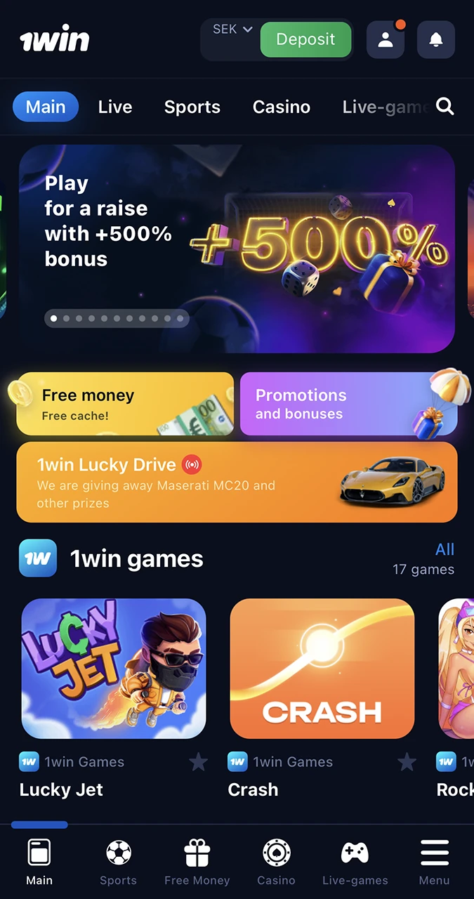 Select the green deposit button to deposit funds into your personal account at 1Win Casino.