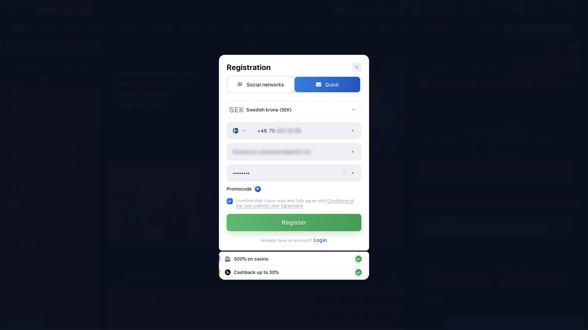 Study and carefully fill in the details required to register at 1Win Casino.