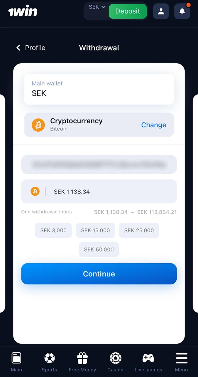 Enter the amount you need in the 1Win withdrawal form.
